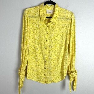 Anthropologie Maeve Womens 8 Blithe Yellow Button Down Shirt Blouse Tie Sleeves